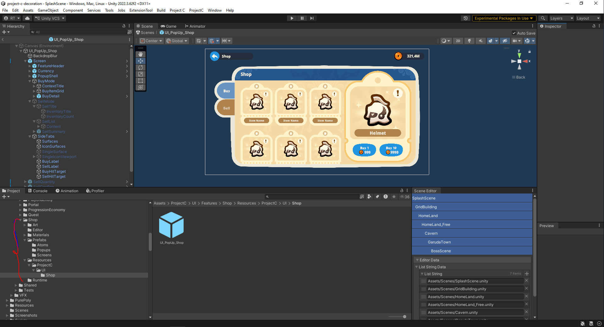 NPC Shop module in Unity split into Screens, Popups, and Atoms