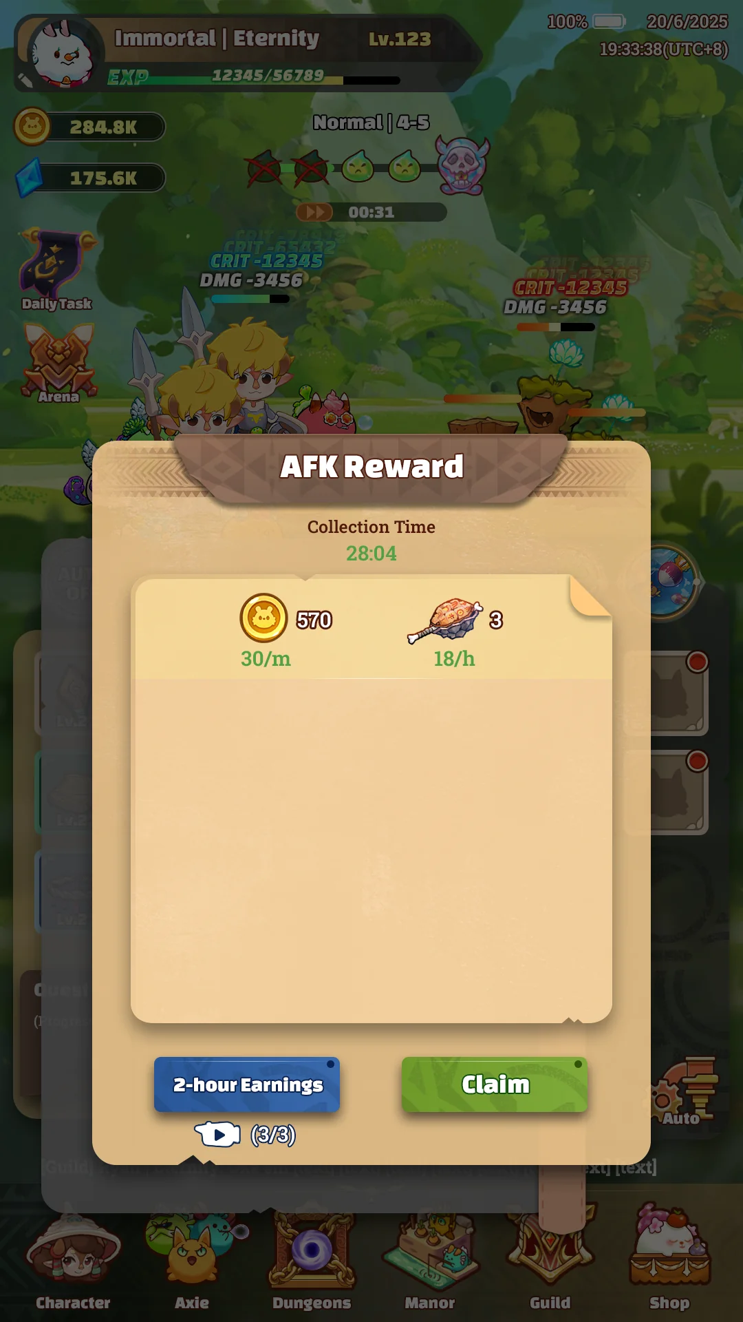 AFK reward popup in Project Idle