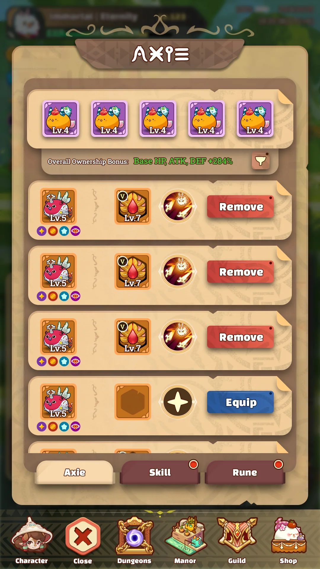 Axie party formation screen in Project Idle