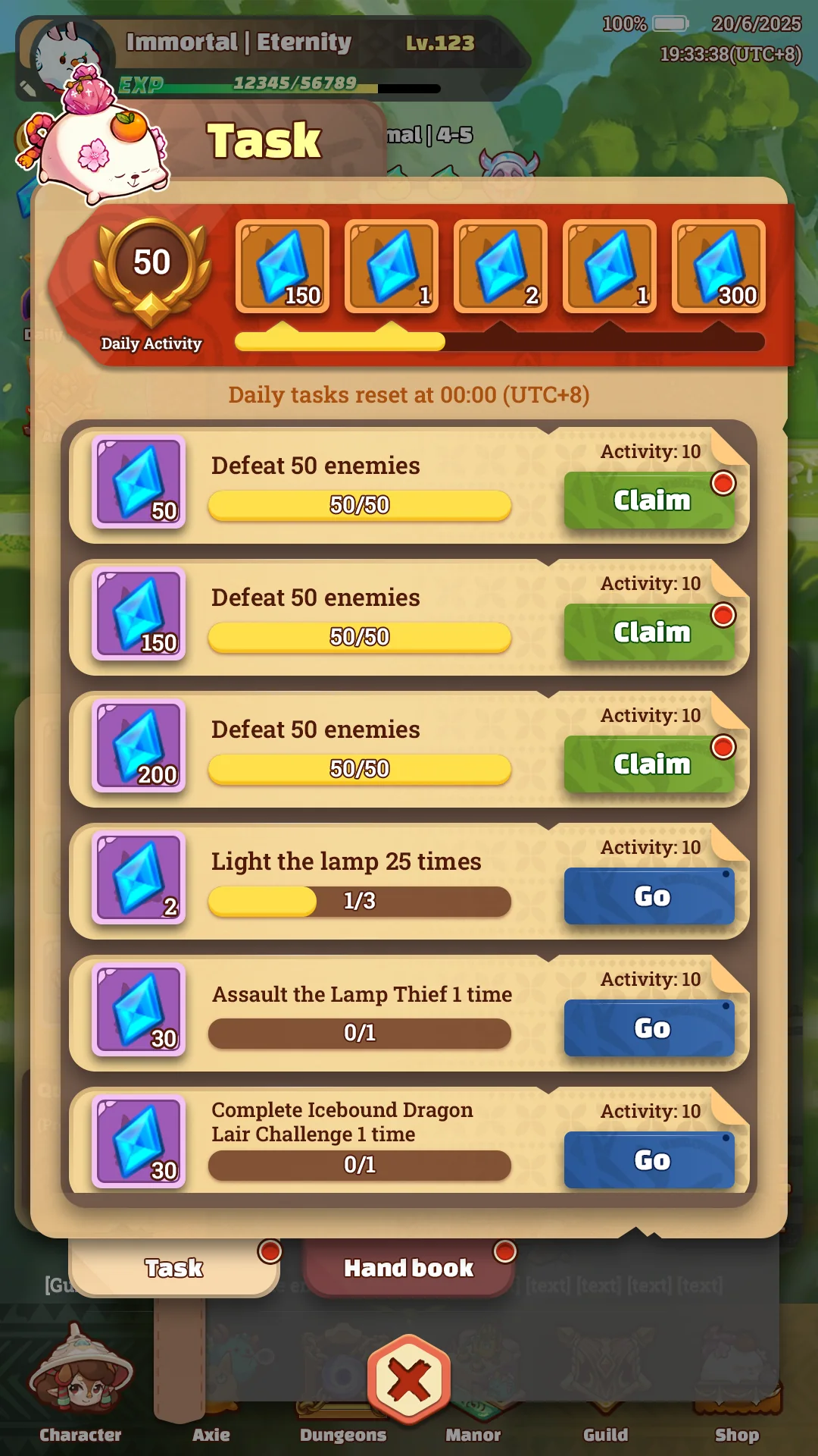 Daily task screen in Project Idle