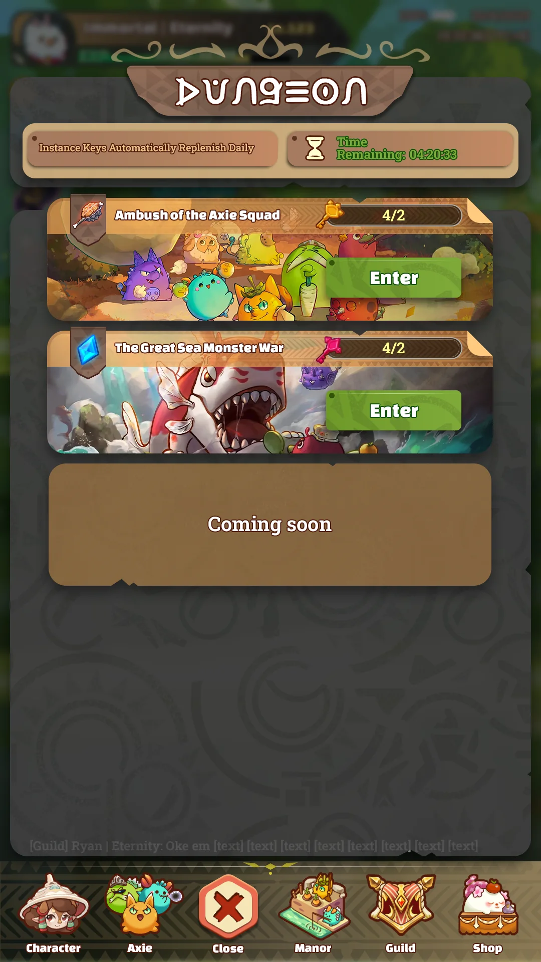 Dungeon selection screen in Project Idle