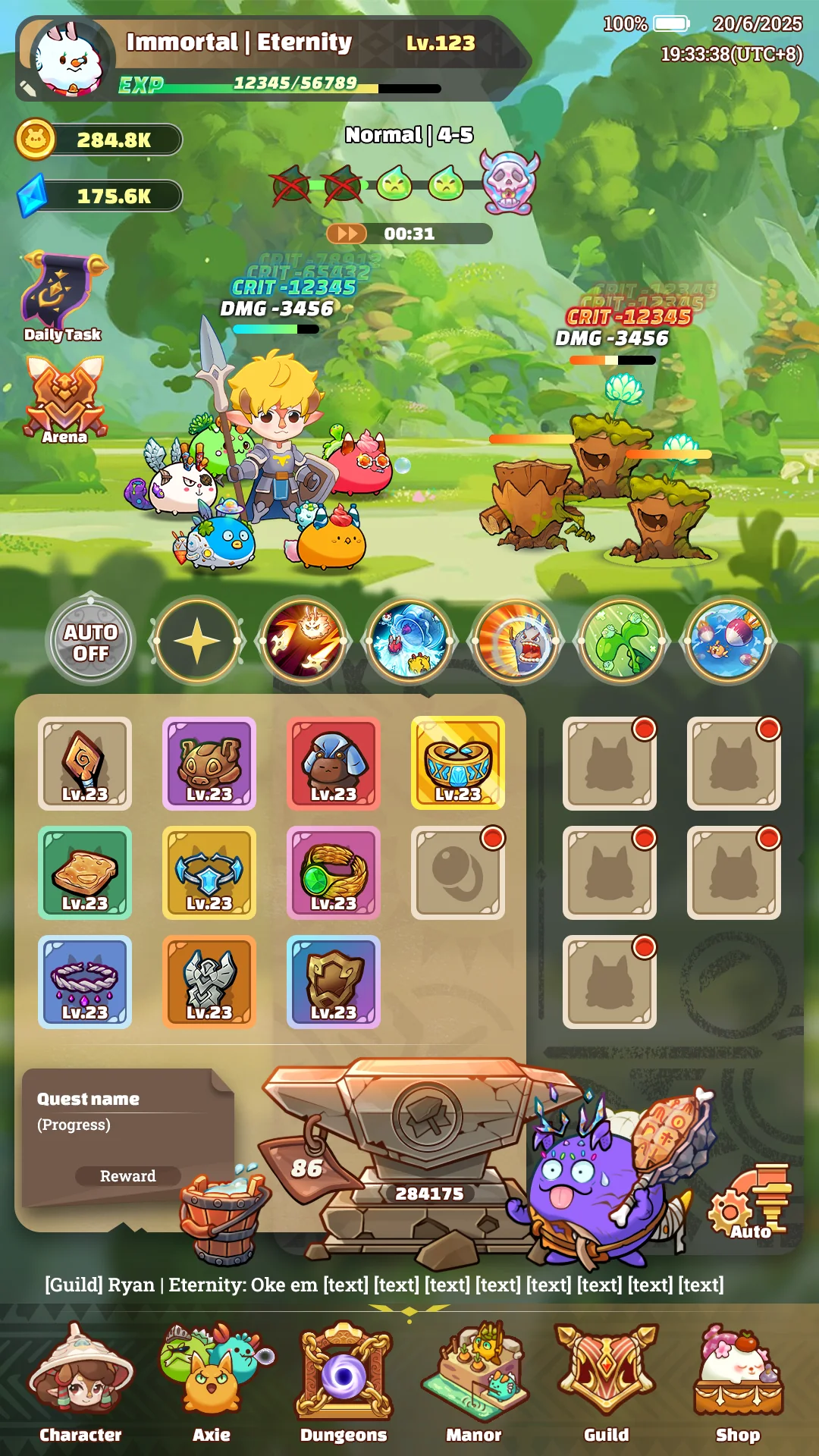 Project Idle gameplay with an Axie party, skills, and equipment systems