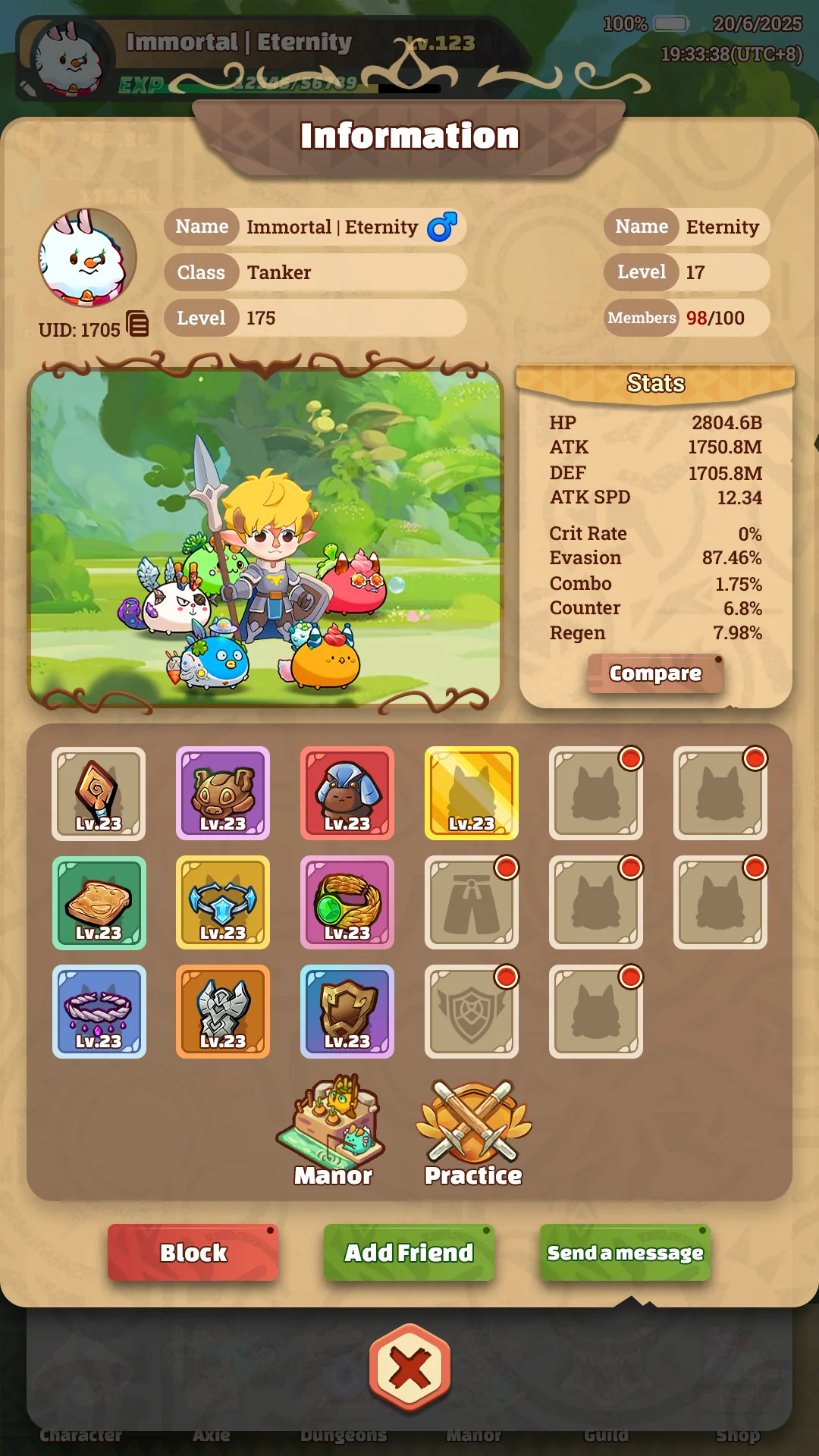 Player profile screen in Project Idle